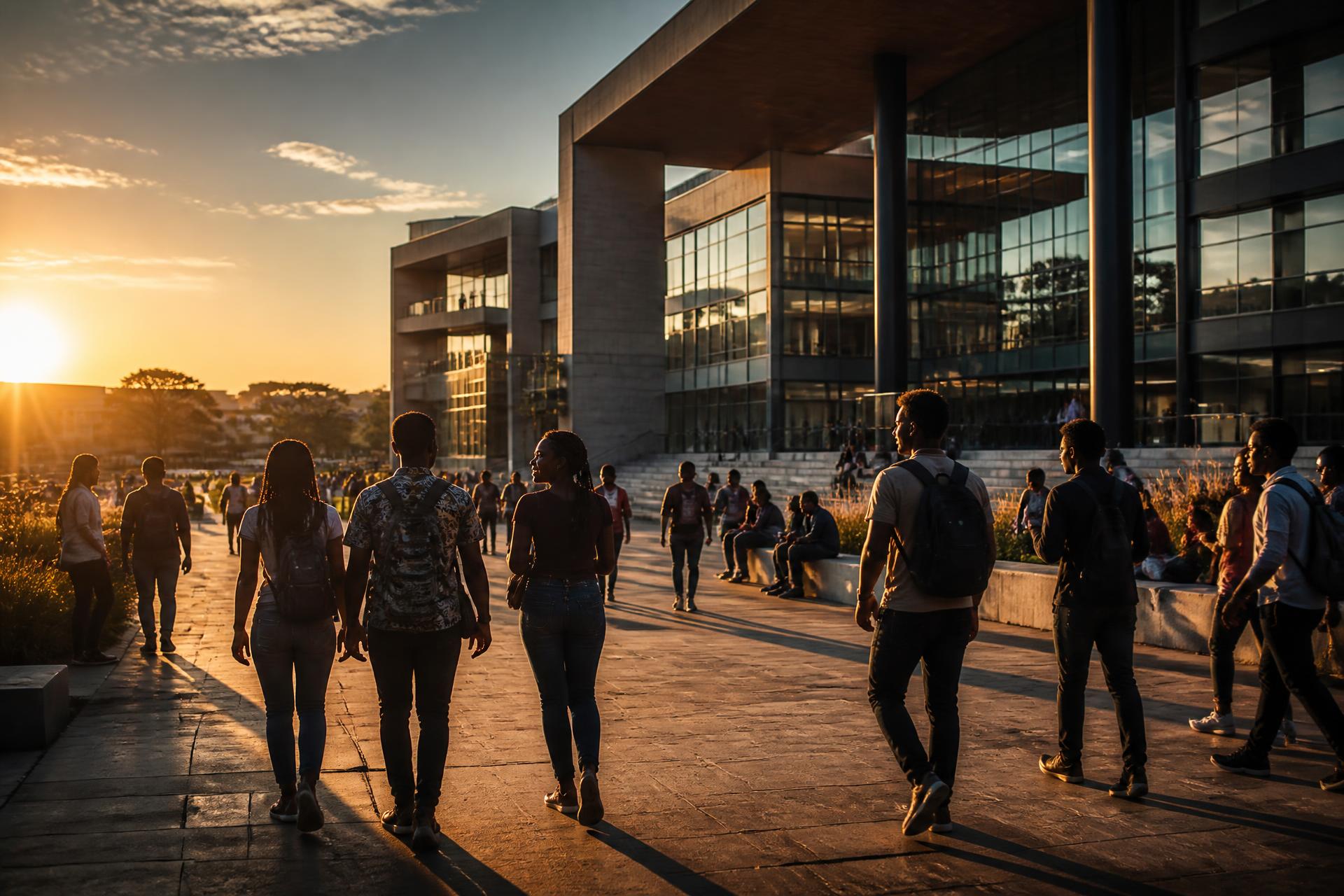 Students walking across a modern African university campus at golden hour